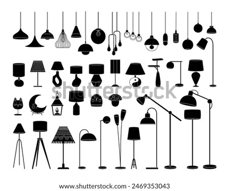 Lamp silhouette icon set. Black color logos floor lamp, nightlights, chandeliers ceiling lamp, table lamp. Modern interior light furniture. Flat silhouette vector illustration isolated on white.