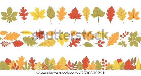 Autumn leaves a seamless border vector set. Different horizontal endless borders with forest leaves in bright colors. Seasonal fall design for greeting cards, banners, washi tape, and Thanksgiving day