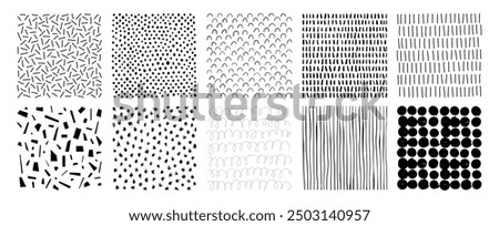 Hand drawn patterns and textures. Abstract graphic freehand elements. Line, dot, shape, stain, rainbow, and stroke textures set. Doodle background collection. Vector illustration on white background