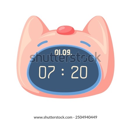 Cute pink cat clock alarm. Kitty head clock in cartoon style. Aesthetic clock with a funny animal to wake the kids up for school. Vector hand-drawn illustration isolated on a white background.