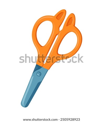 Orange scissors cutting paper. Scissoring school stationery supply. Kid school scissors. Vector cartoon illustration isolated on a white background.