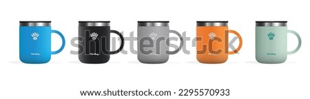 insulated coffee mug isolated on white background, Set of colored mugs, vector illustration, realistic mug design