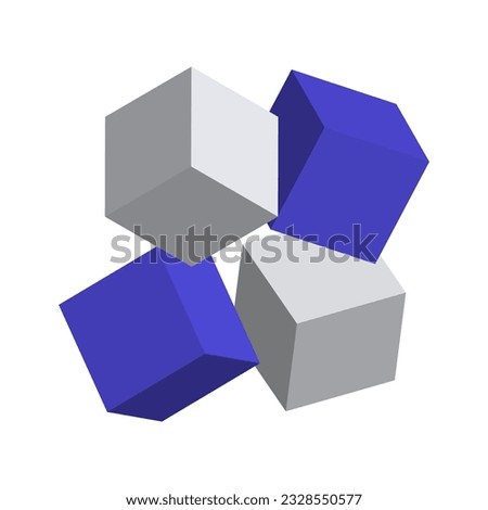 four blue and white cubes floating in 3D. White cube column. Geometric shape background.
