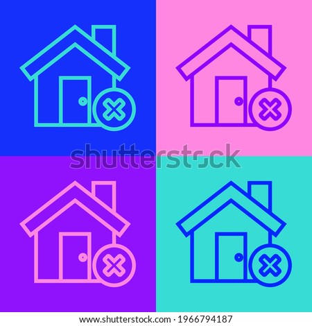 Pop art line House with wrong mark icon isolated on color background. Home and close, delete, remove symbol.  Vector Illustration