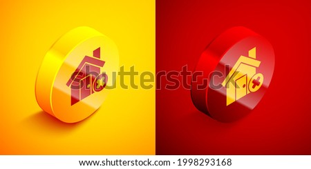 Isometric House with wrong mark icon isolated on orange and red background. Home and close, delete, remove symbol. Circle button. Vector Illustration