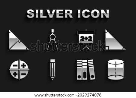 Set Pencil, Triangle math, Geometric figure, Office folders, XYZ Coordinate system, Chalkboard, Angle bisector of triangle and Drawing compass icon. Vector