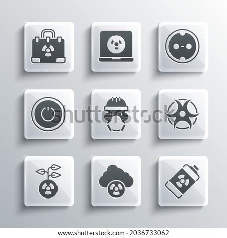 Set Acid rain and radioactive cloud, Nuclear energy battery, Biohazard symbol, reactor worker, Radioactive, Power button, Radiation nuclear suitcase and Electrical outlet icon. Vector