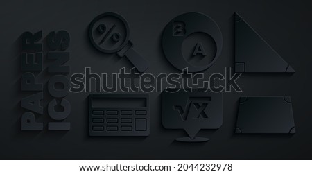 Set Square root of x glyph, Triangle math, Calculator, Acute trapezoid shape, Subsets, is subset b and Magnifying glass with percent icon. Vector