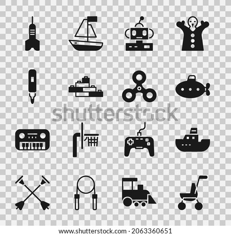 Set Baby stroller, Toy boat, Submarine toy, Robot, building block bricks, Marker pen, Dart arrow and Fidget spinner icon. Vector