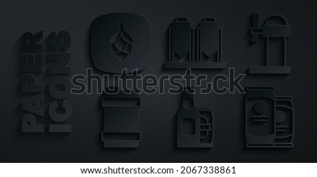Set Beer bottle and beer can, Dispenser, Metal keg, brewing process and Hop icon. Vector Foto stock © 