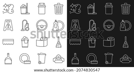 Set line Wet wipe pack, Handle broom, Dishwashing liquid bottle, Trash can, Vacuum cleaner, floor, Sponge and Robot vacuum icon. Vector