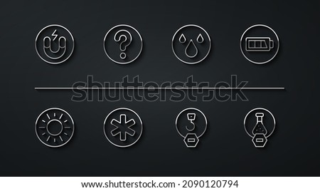 Set line Magnet, Sun, Battery, Industrial hook, Medical symbol of the Emergency, Unknown search, Test tube and flask and Water drop icon. Vector
