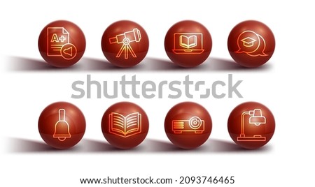 Set line Exam sheet with A plus grade, Ringing bell, Graduation cap speech bubble, Movie, film, media projector, Open book, Telescope, Table lamp and Online class icon. Vector