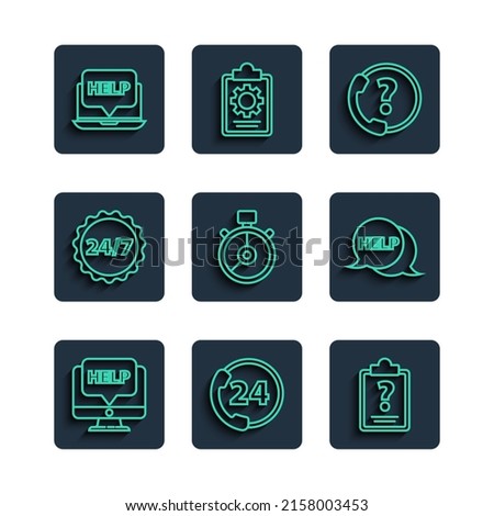 Set line Computer monitor and help, Telephone 24 hours support, Clipboard with question marks, Stopwatch, Clock, Laptop and Speech bubble text Help icon. Vector