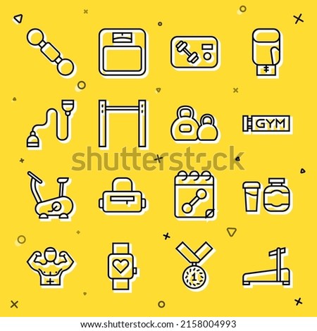 Set line Treadmill machine, Sports nutrition, Location gym, Fitness club, card, Horizontal bar, Chest expander, Dumbbell and Kettlebell icon. Vector