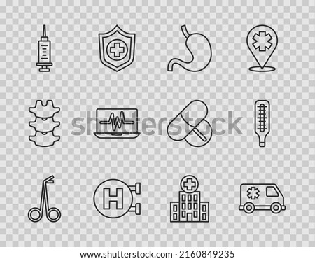 Set line Medical scissors, Emergency car, Human stomach, Hospital signboard, Syringe, Laptop with cardiogram, hospital building and thermometer icon. Vector