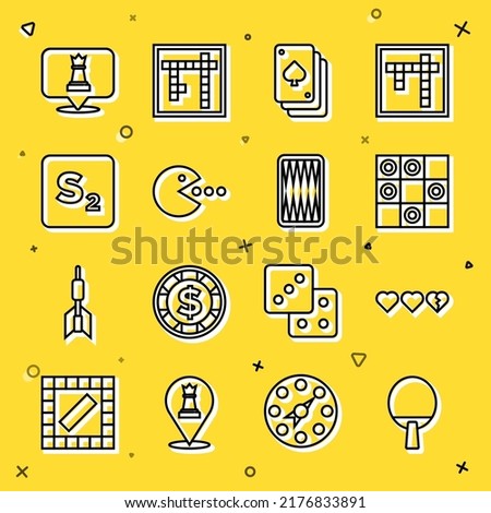 Set line Racket, Hearts for game, Board of checkers, Playing cards, Pacman with eat, Bingo, Chess and Backgammon board icon. Vector