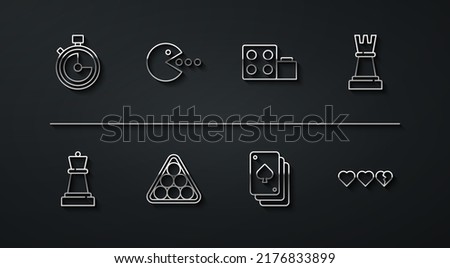 Set line Stopwatch, Chess, Playing cards, Billiard balls triangle, Pacman with eat, Hearts for game and Toy building block bricks icon. Vector