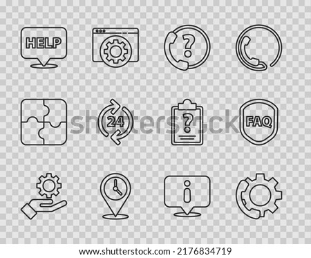 Set line Settings in the hand, Telephone 24 hours support, Location with clock, Speech bubble text Help, Information and Shield FAQ icon. Vector