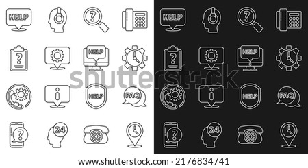 Set line Location with clock, Speech bubble FAQ, Time Management, Unknown search, gear, Clipboard question marks, text Help and Computer monitor and help icon. Vector