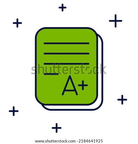 Filled outline Exam sheet with A plus grade icon isolated on white background. Test paper, exam, or survey concept. School test or exam.  Vector