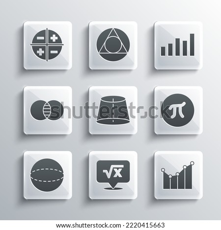 Set Square root of x glyph, Graph, schedule, chart, diagram, Pi symbol, Geometric figure, Sphere, Mathematics sets A and B, XYZ Coordinate system and  icon. Vector