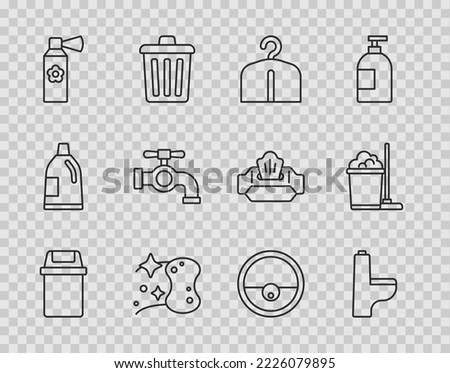 Set line Trash can, Toilet bowl, Hanger wardrobe, Sponge, Air freshener spray bottle, Water tap, Robot vacuum cleaner and Mop and bucket icon. Vector