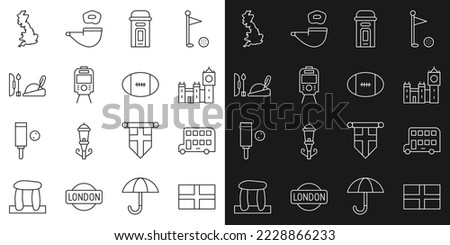 Set line Flag of England, Double decker bus, Big Ben tower, London phone booth, Tram railway, Robin hood hat, map and Rugby ball icon. Vector