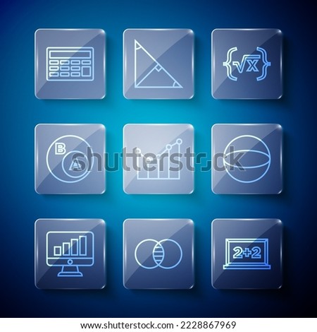 Set line Computer monitor with graph chart, Chalkboard, Square root of x glyph, Graph, schedule, diagram, Subsets, math, is subset, Calculator and Geometric figure Sphere icon. Vector