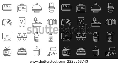 Set line Digital door lock, Heating radiator, Covered with tray, Safe, Shower head, Hotel key card and reception desk icon. Vector