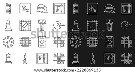 Set line Tic tac toe game, Pacman with eat, Uno card, Board, Chess, Mahjong pieces and Domino icon. Vector