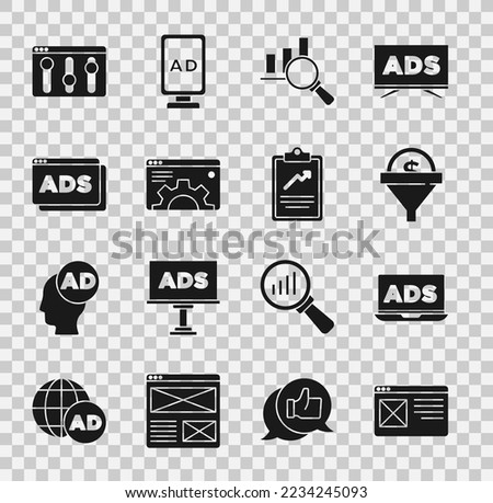Set Browser window, Advertising, Lead management, Magnifying glass and analysis, setting,  and Clipboard with graph chart icon. Vector