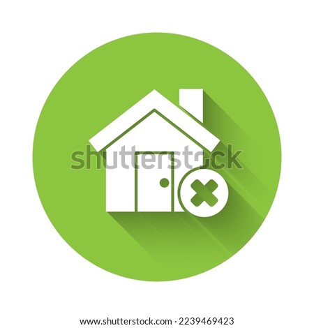 White House with wrong mark icon isolated with long shadow. Home and close, delete, remove symbol. Green circle button. Vector Illustration