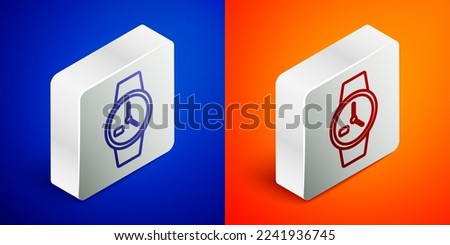 Isometric line Wrist watch icon isolated on blue and orange background. Wristwatch icon. Silver square button. Vector Illustration