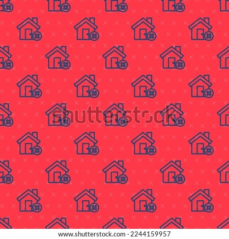 Blue line House with wrong mark icon isolated seamless pattern on red background. Home and close, delete, remove symbol.  Vector Illustration