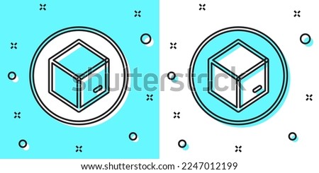 Black line Carton cardboard box icon isolated on green and white background. Box, package, parcel sign. Delivery and packaging. Random dynamic shapes. Vector
