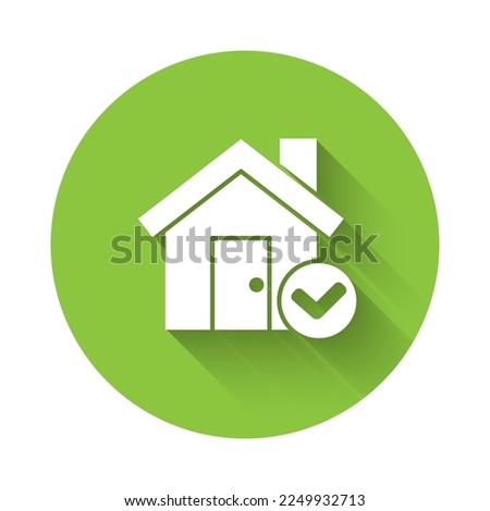 White House with check mark icon isolated with long shadow. Real estate agency or cottage town elite class. Green circle button. Vector Illustration