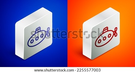 Isometric line Submarine toy icon isolated on blue and orange background. Silver square button. Vector