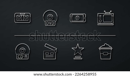 Set line VHS video cassette tape, CD or DVD disk, Retro tv, Movie trophy, clapper, Popcorn in box and Online play icon. Vector