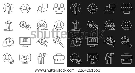Set line Briefcase, Magnifying glass for search job, Exchange work, Freelancer, Human with gear, Productive human, Multitasking manager working and Project team base icon. Vector