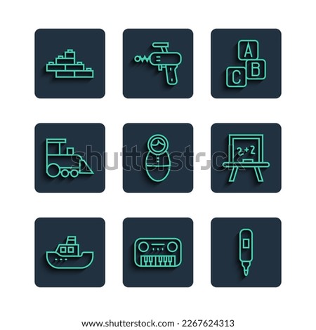 Set line Toy boat, piano, Marker pen, ABC blocks, Tumbler doll toy, train, building bricks and Chalkboard icon. Vector