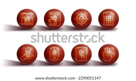 Set line Calendar, Hand for search people, File document, Address book, Computer mouse, Coffee machine, cup and Head hunting concept icon. Vector
