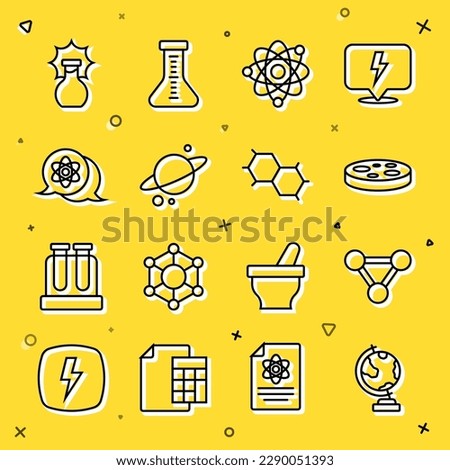 Set line Earth globe, Molecule, Petri dish with bacteria, Atom, Planet Saturn, Explosion in the flask and Chemical formula icon. Vector