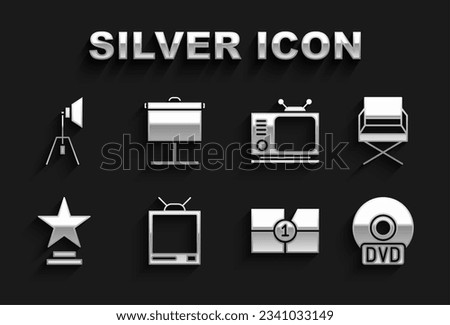 Set Retro tv, Director movie chair, CD DVD disk, Old film countdown frame, Movie trophy, spotlight and Projection screen icon. Vector