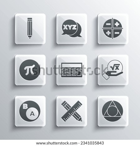 Set Crossed ruler and pencil, Triangle math, Square root of x glyph, Calculator, Subsets, is subset b, Pi symbol, Pencil and XYZ Coordinate system icon. Vector