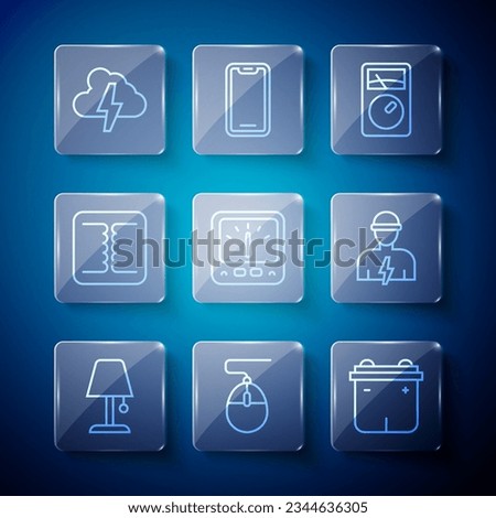Set line Table lamp, Computer mouse, Car battery, Ampere meter, multimeter, Electrical transformer, Cloud and lightning and Electrician icon. Vector