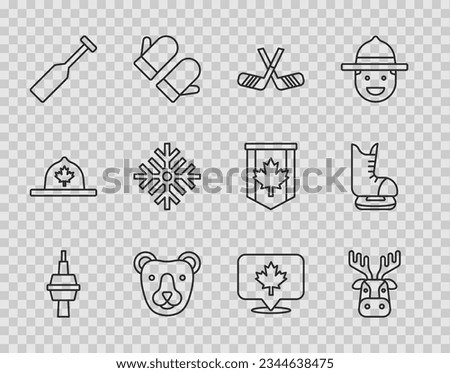 Set line TV CN Tower in Toronto, Deer head with antlers, Ice hockey sticks, Bear, Paddle, Snowflake, Canadian maple leaf and Skates icon. Vector