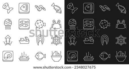Set line Shark fin soup, Turtle, Crab, Eel fish, Canned, Jellyfish, Fish tail and hedgehog icon. Vector