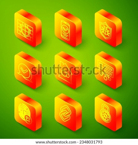 Set line Shield with brick wall, Smartphone, System bug, Check mark in speech bubble, home, Server, Data, Web Hosting, Cancelled fingerprint and Chain link icon. Vector
