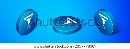 Isometric Funnel or filter icon isolated on blue background. Blue circle button. Vector